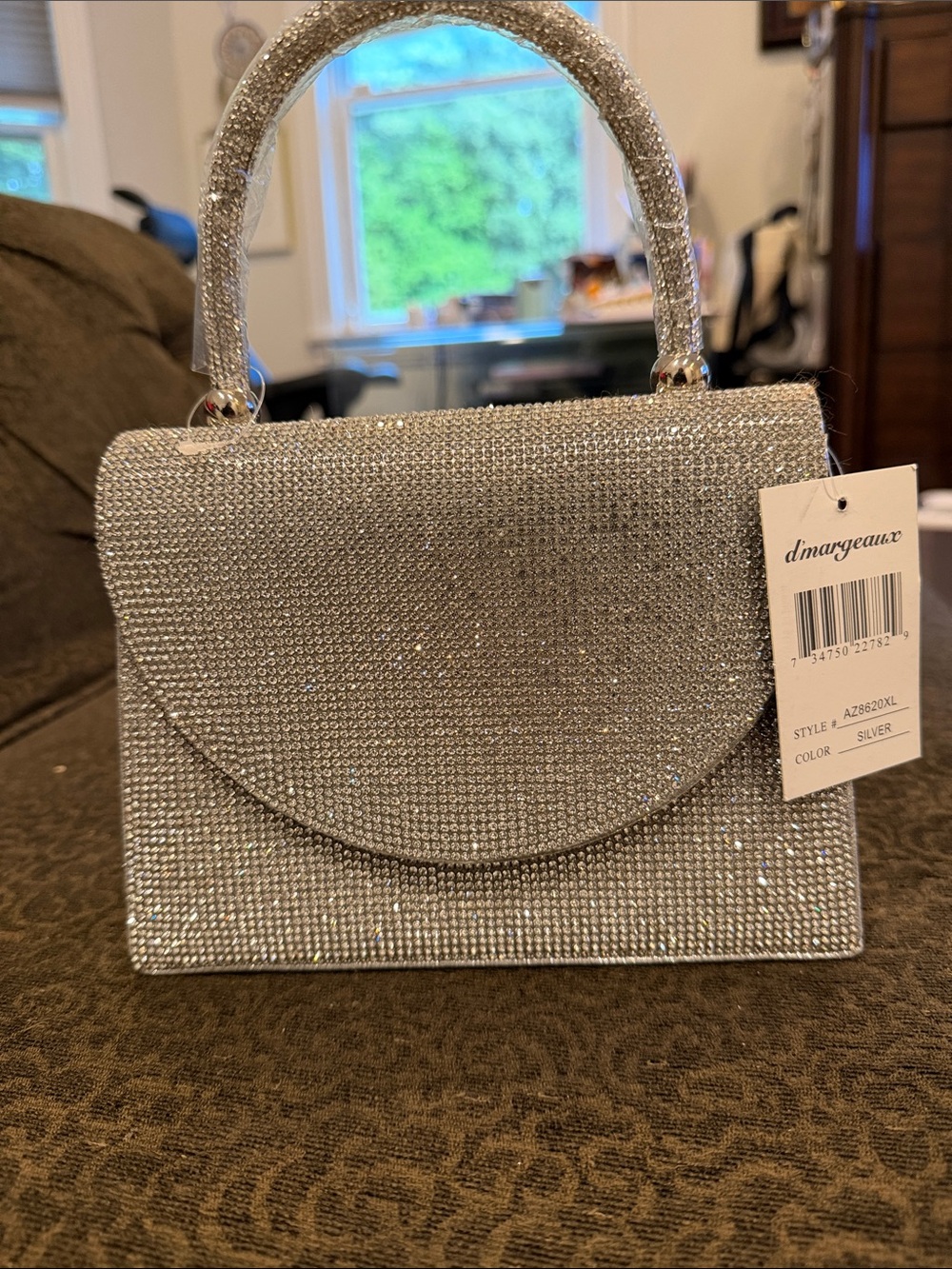 Silver Crystal-Embellished Top-Handle Bag